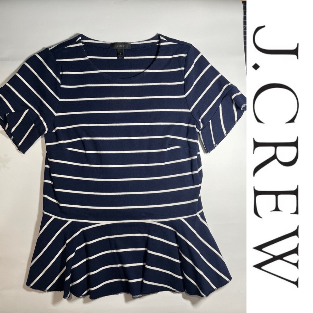 Pre Loved J Crew Structured Striped Peplum Short Sleeve Top  Blue & White Sz S